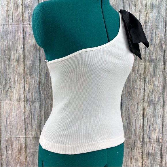 Zara NWT White One Shoulder Ribbed Top with Black Satin Shoulder Bow, Medium - Picture 11 of 16